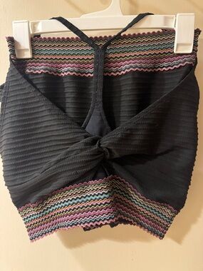 Black Ribbed Knot-Front Crop Top with Multicolor Trim